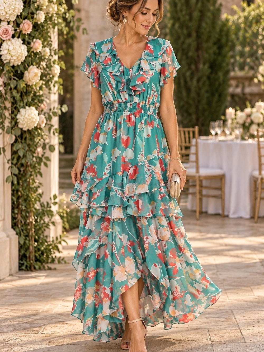 Taylor Women’s Size 10 Floral Ruffle Maxi Dress Teal Wedding Guest New